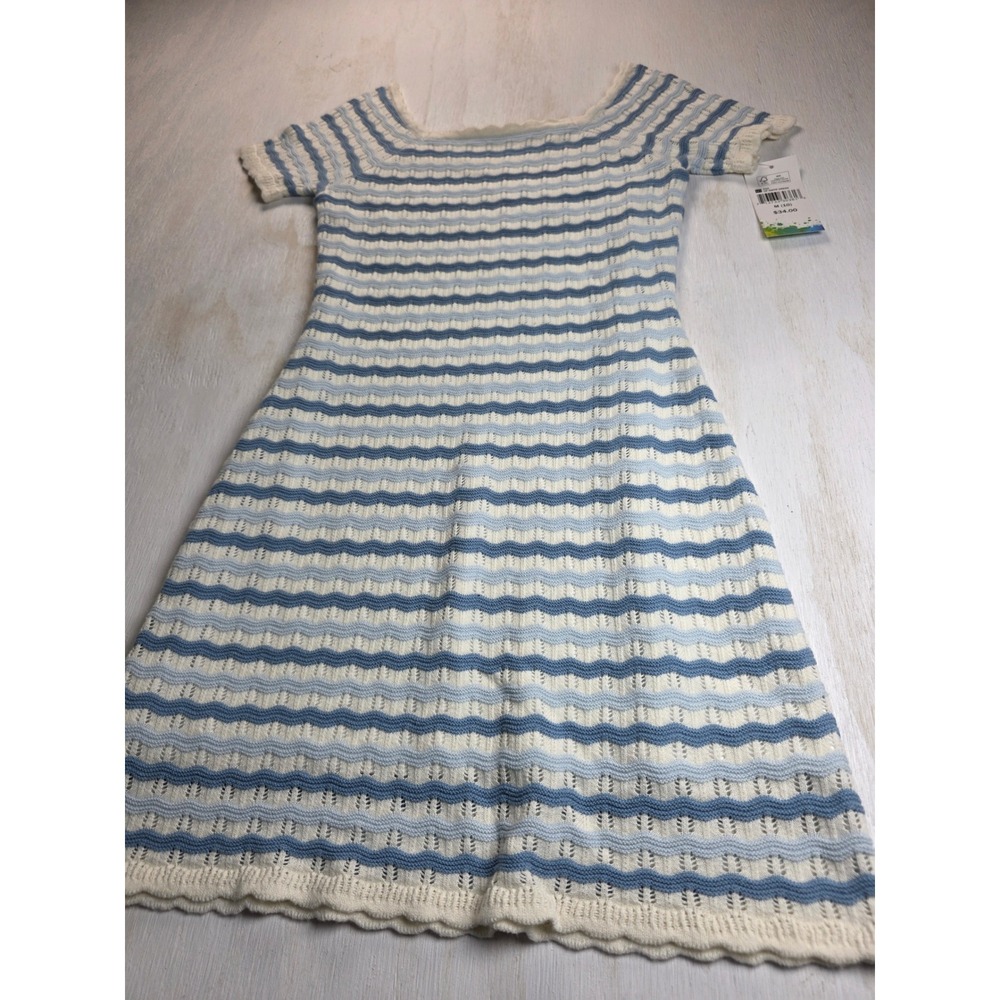 Colorful Planet Girls Blue White Striped Pointelle Knit Sweater Dress Size M 10